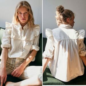 NWT Free People Ruffle Denim White Shirt size M